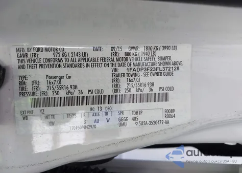 2015 Ford Focus Se from USA, damaged, VIN 1FADP3F23FL372128